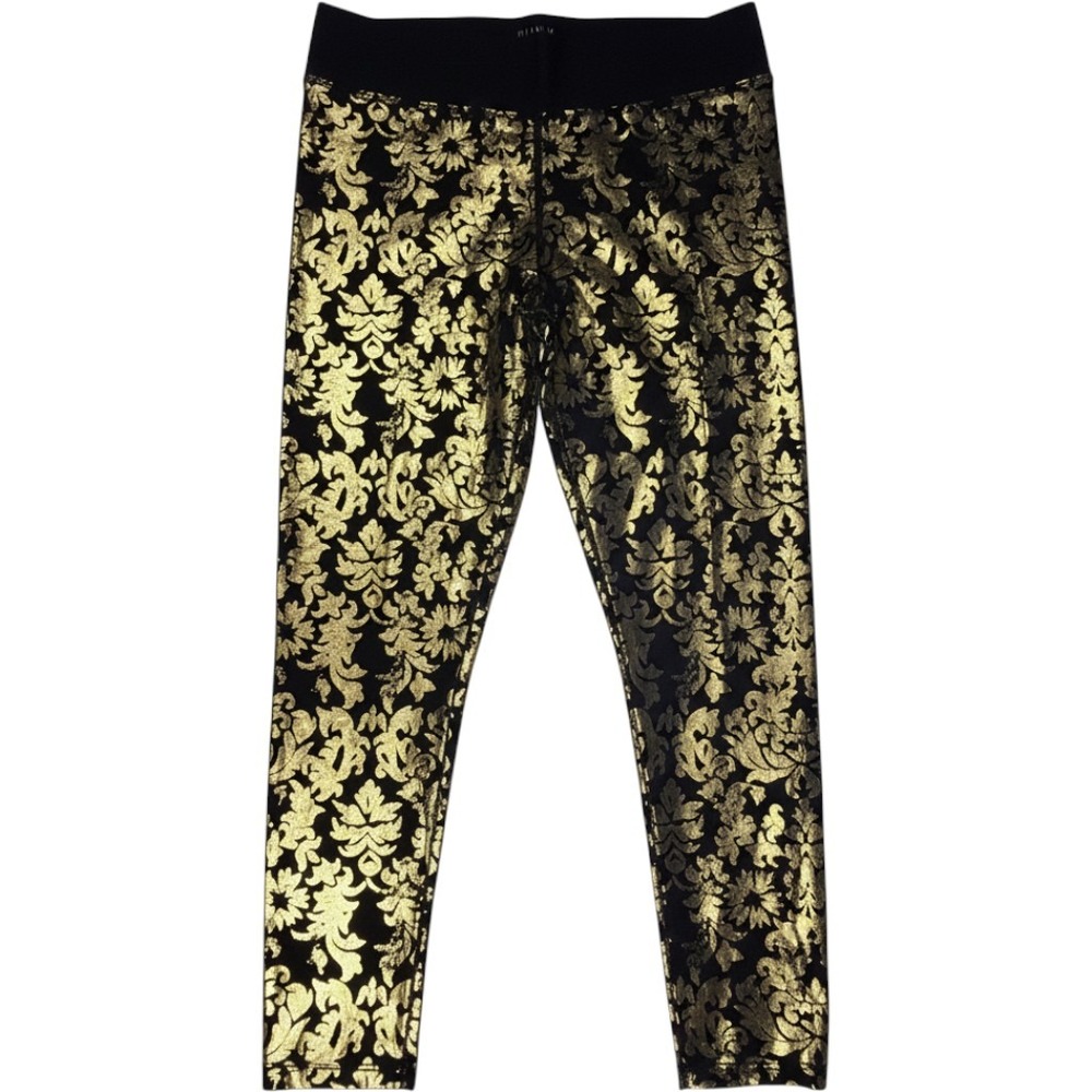 PINK Victoria's Secret Leggings Gold Metallic Damask Floral Black Large